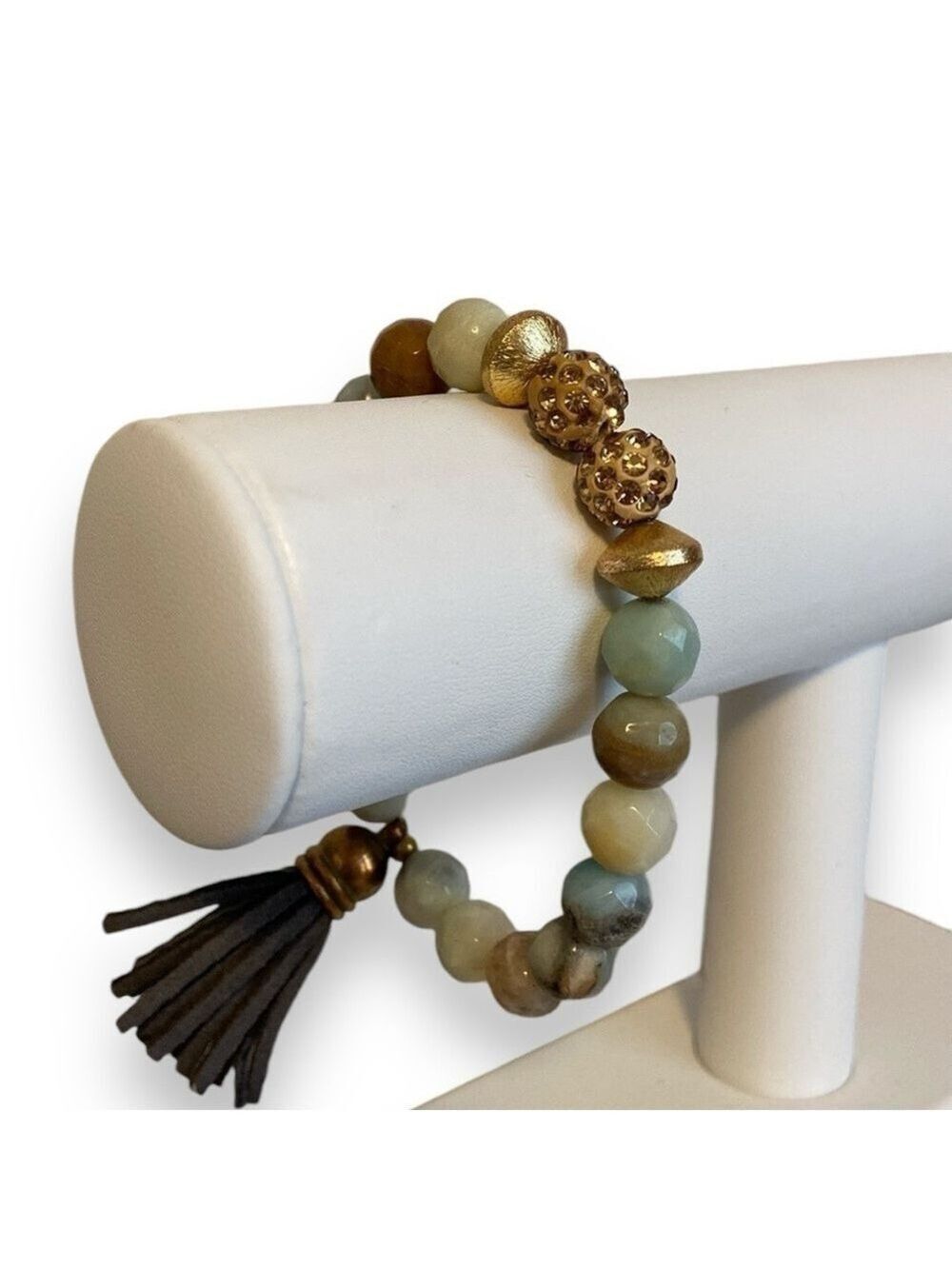 Earth & Sea Bead Stretch Bracelet Tassel Sparkle Gold Tone Cream Multi